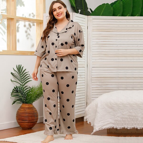 

Plus Lapel Polka Dot Ruffle Hem PJ Set, Apricot