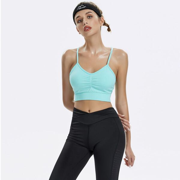 

Seomiscky Solid Ruched Front Sports Bra, Mint blue