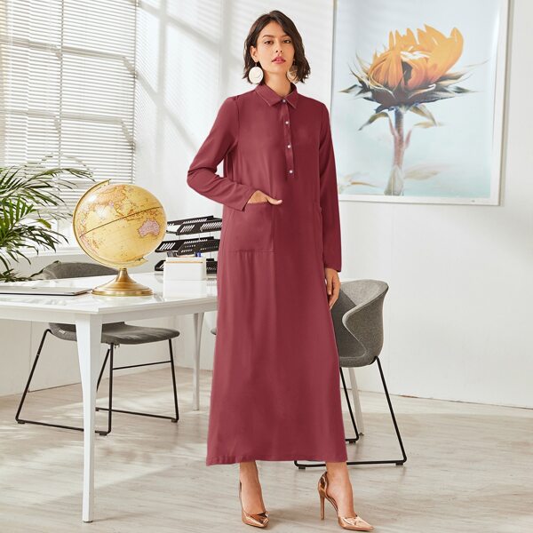 

Pocket Patched Half Button Solid Dress, Red