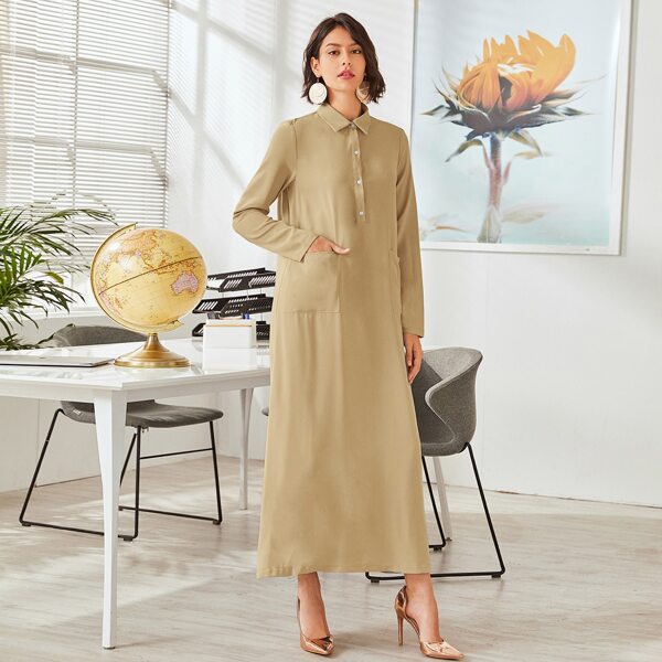 

Pocket Patched Half Button Solid Dress, Khaki
