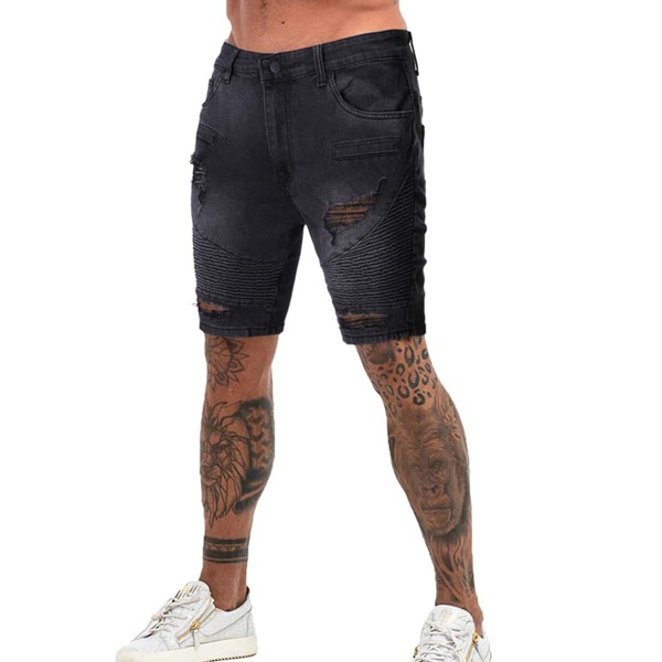 

Men Ripped Pleats Denim Shorts, Black