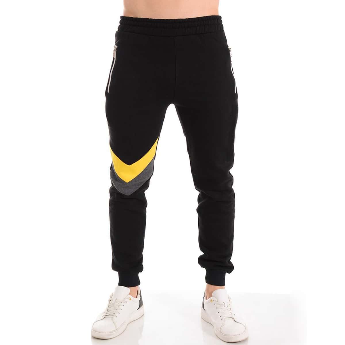 

Guys Chevron Panel Zipper Pockets Joggers, Black