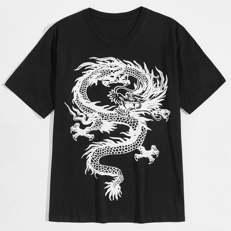 

Guys Dragon Print Round Neck Tee, Black