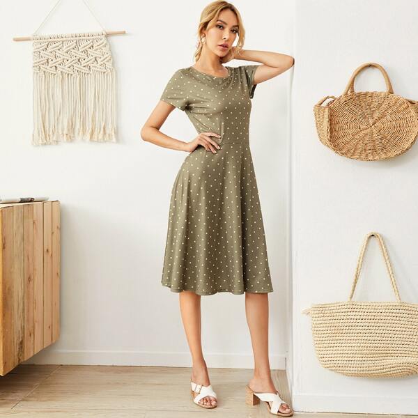 

Polka Dot Print Dress, Khaki