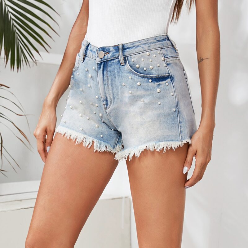 

Raw Hem Pearl Beaded Denim Shorts, Light wash