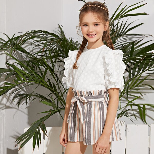 

Girls Embroidered Top & Paperbag Waist Belted Shorts Set, Multicolor