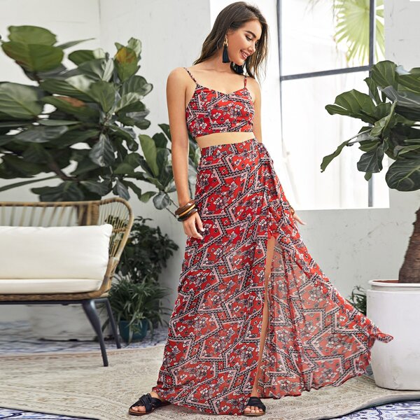 

Scarf Print Cami Top & Wrap Knotted Skirt Set, Red