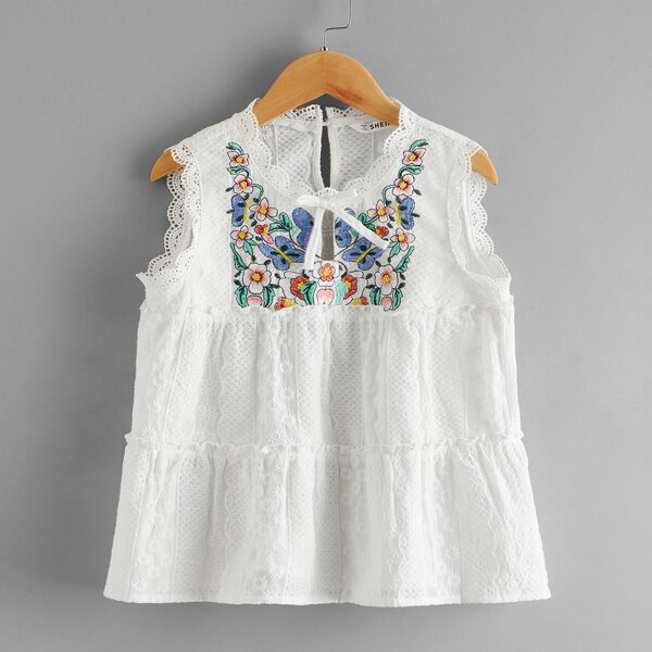 

Girls Tie Neck Floral Embroidery Guipure Lace Top, White