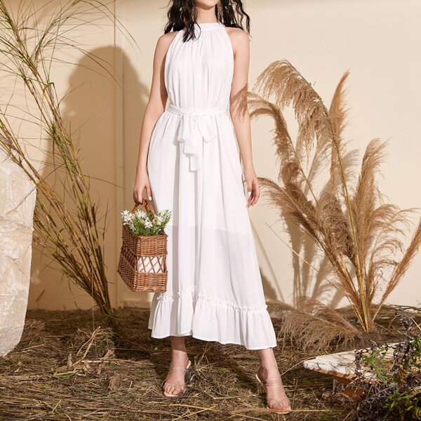 

Solid Ruffle Hem Halter Dress With Belt, White