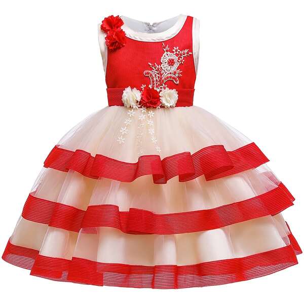 

Girls Stereo Flower Layered Gown Dress, Multicolor