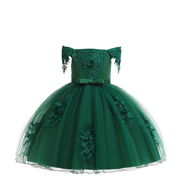 

Girls Pearls Embroidered Applique Big Bow Gown Dress, Green