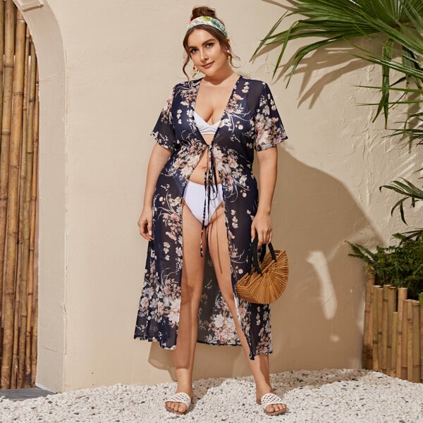 

Plus Floral Print Tie Front Sheer Kimono, Multicolor