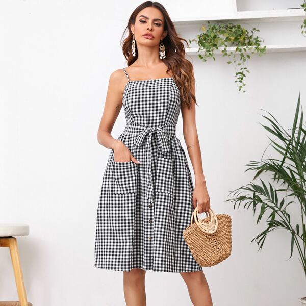 

Pocket Patched Belted Gingham Cami Dress, Black and white