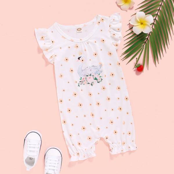 

Baby Girl Swan And Floral Print Ruffle Jumpsuit, White