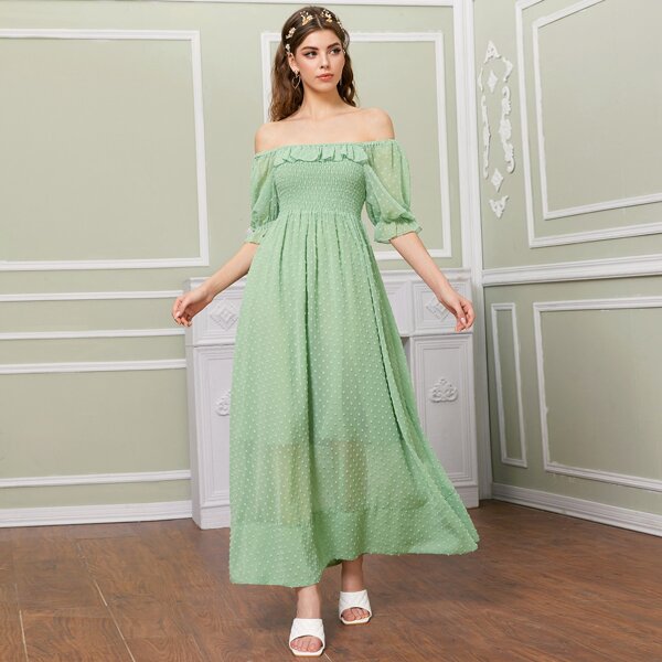 

Chiffon Swiss Dot Shirred Bardot Flowy Dress, Mint green