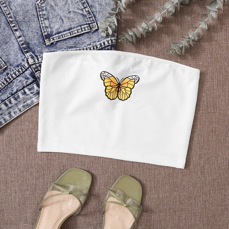 

Butterfly Print Tube Top, White