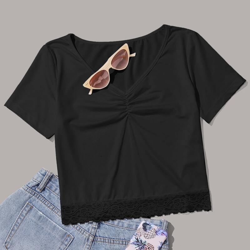 

Lace Trim Ruched Tee, Black