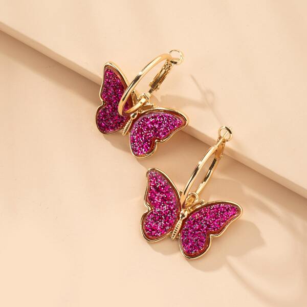 

Butterfly Charm Drop Earrings, Hot pink