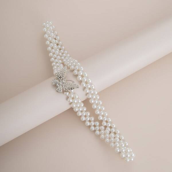 

Butterfly Decor Faux Pearl Waist Chain, Silver