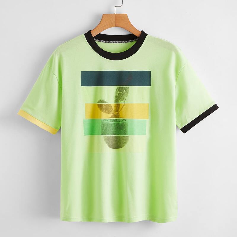 

Contrast Binding Graphic Tee, Green
