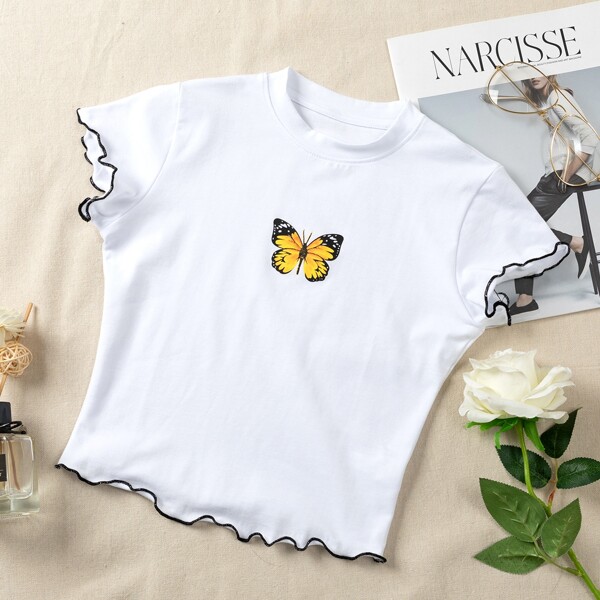 

Butterfly Print Lettuce Trim Tee, White