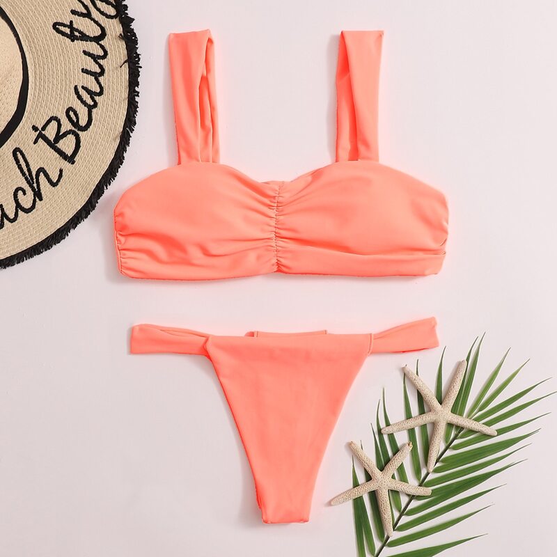

Ruched Detail Thong Bikini Swimsuit, Watermelon pink