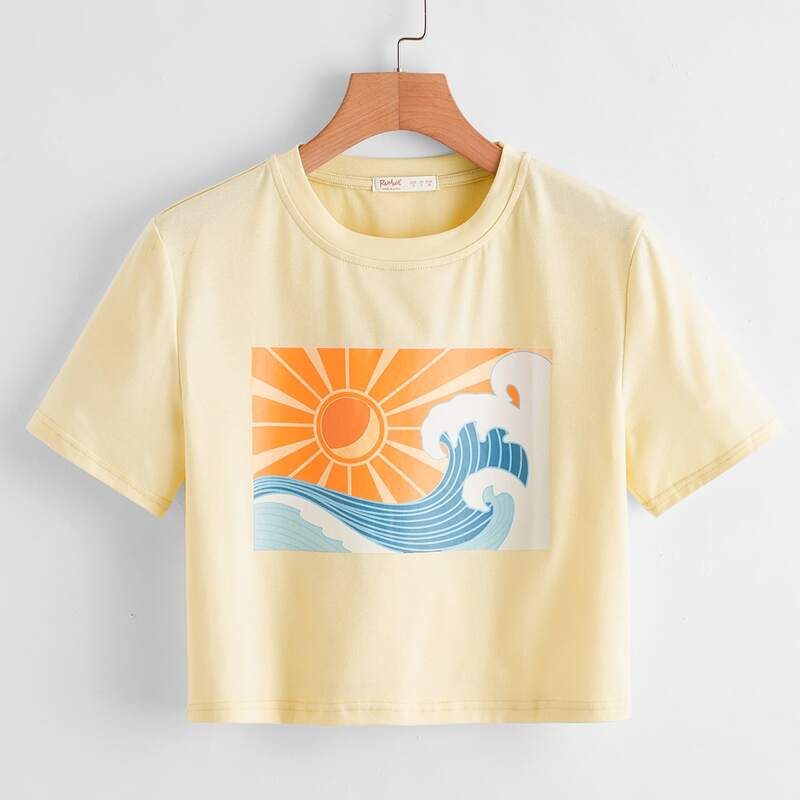 

Sea Wave Graphic Crop Tee, Yellow pastel