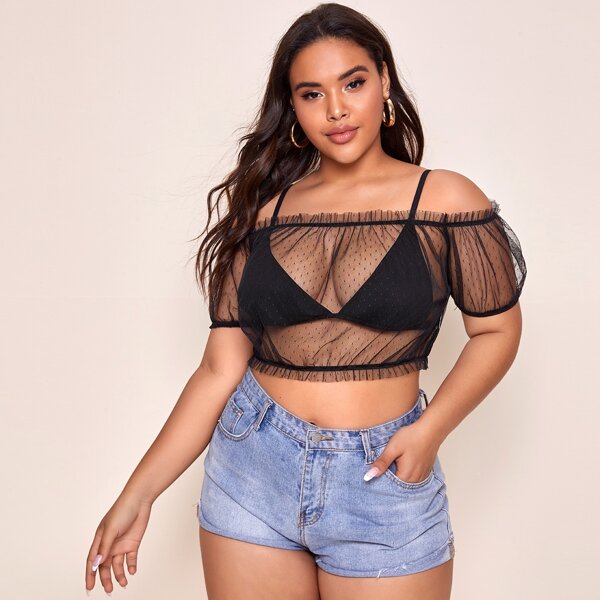 

Plus Off Shoulder Frilled Sheer Dobby Mesh Top Without Bra, Black