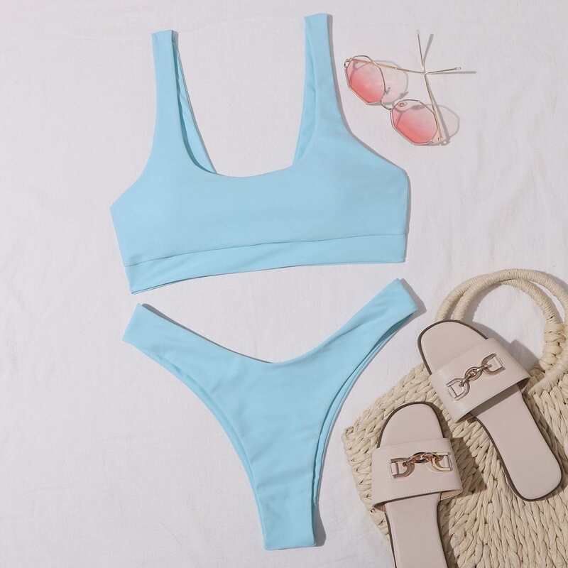

Solid High Cut Bikini Swimsuit, Baby blue