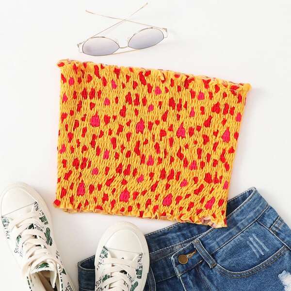 

Allover Heart Print Frill Trim Shirred Tube Top, Multicolor