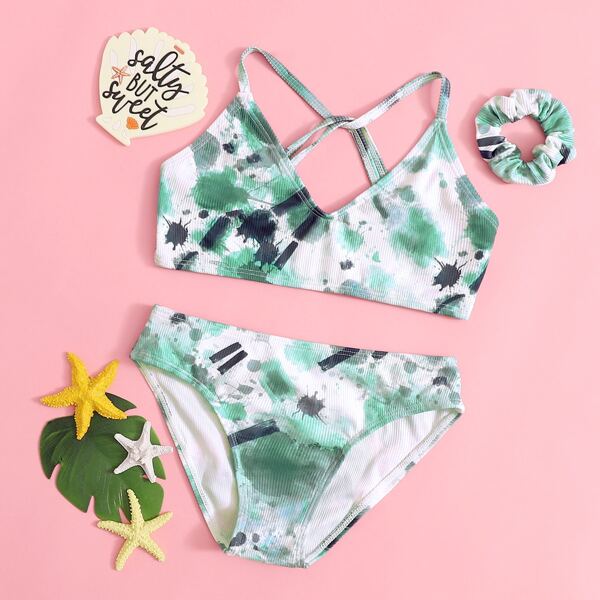 

Girls Tie Dye Rib Bikini Swimsuit With Scrunchie, Green