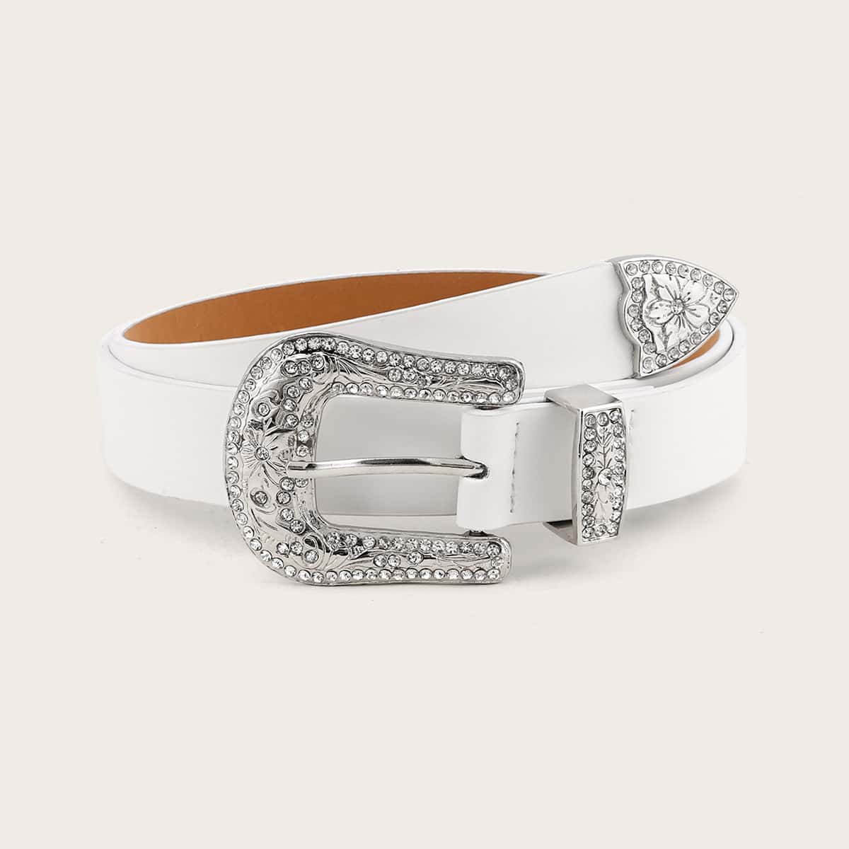 

Rhinestone Decor Buckle Belt, White