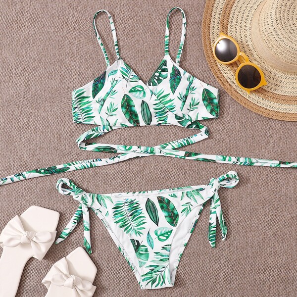 

Plant Print Wrap Tie Side Bikini Swimsuit, Green