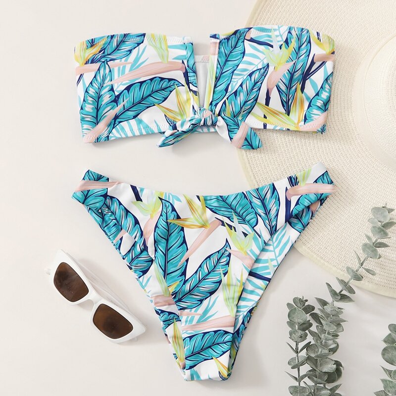 

Plant Print V Wired Bandeau Bikini Swimsuit, Multicolor