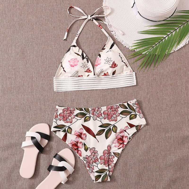 

Floral Triangle High Waisted Bikini Swimsuit, Multicolor