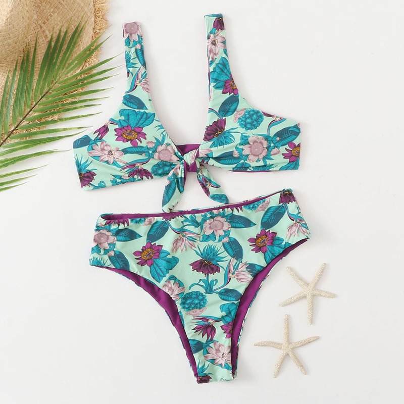 

Floral Knot Front High Waisted Bikini Swimsuit, Multicolor