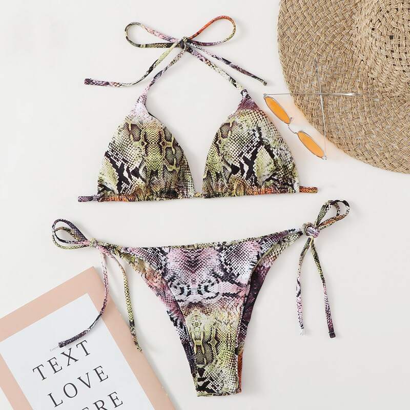 

Snakeskin Triangle Tie Side Bikini Swimsuit, Multicolor
