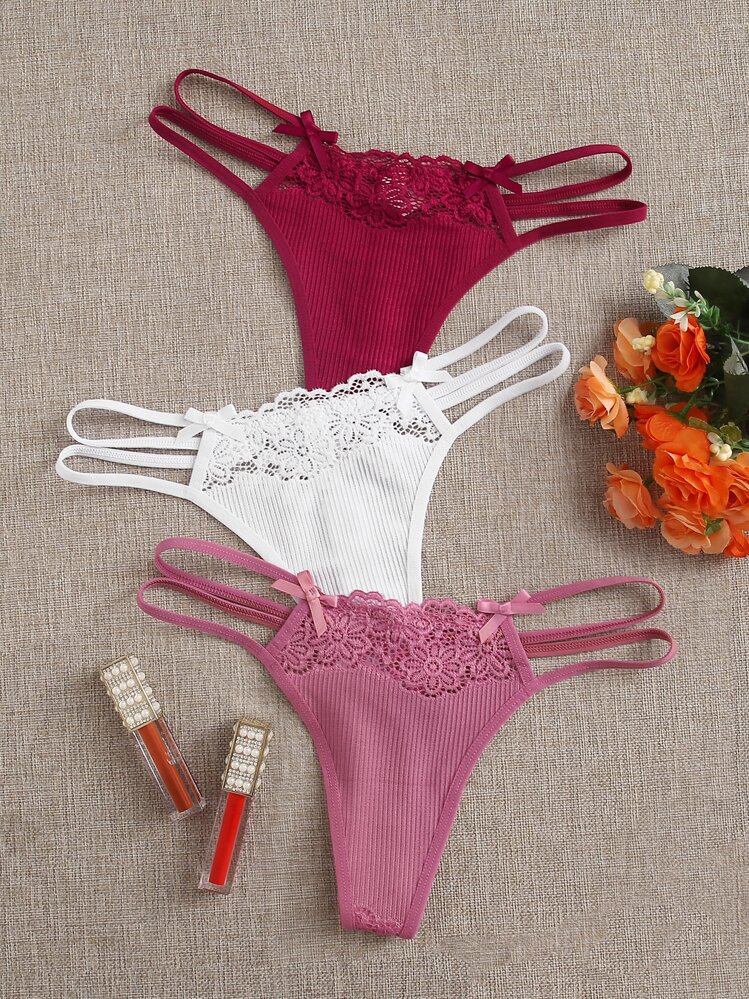 SHEIN Ribbed Bow Accent Thong Panty Set - 3 Packs Lingerie - Multicolor - View 1
