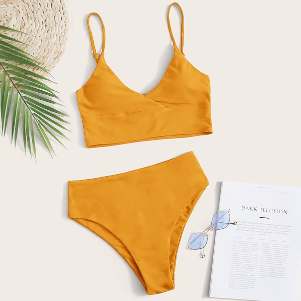 

Adjustable Strap High Waisted Bikini Swimsuit, Mustard yellow