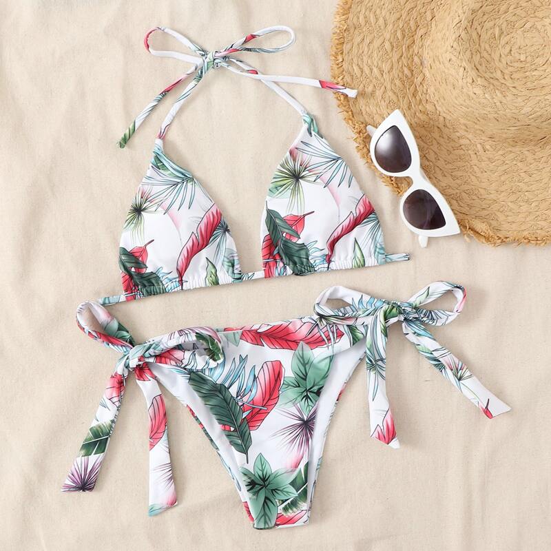 

Plant Print Triangle Tie Side Bikini Swimsuit, Multicolor