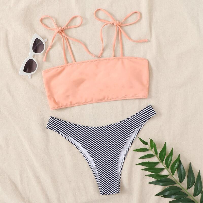 

Striped Tie Shoulder Bikini Swimsuit, Multicolor