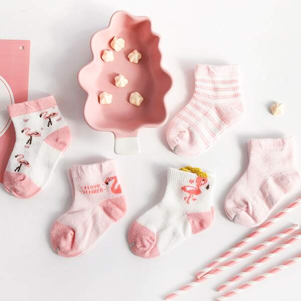 

5pairs Baby Girl Striped Socks, Pink
