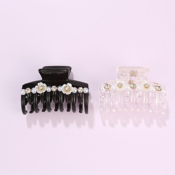 

2pcs Faux Pearl Decor Hair Claw, Multicolor