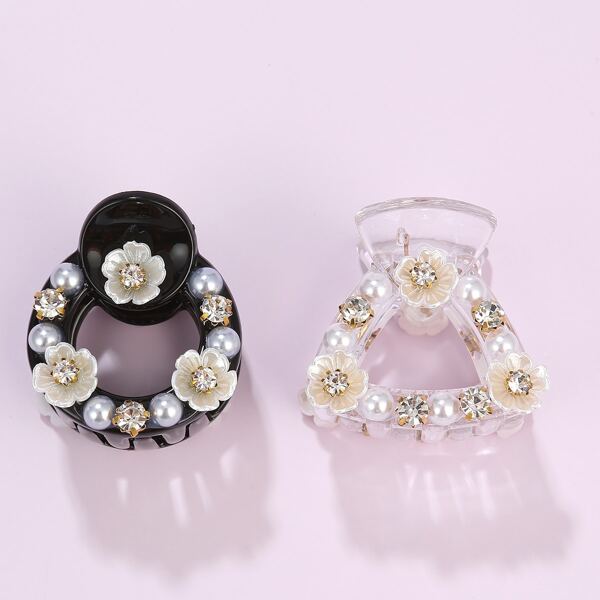 

2pcs Faux Pearl Decor Hair Claw, Multicolor