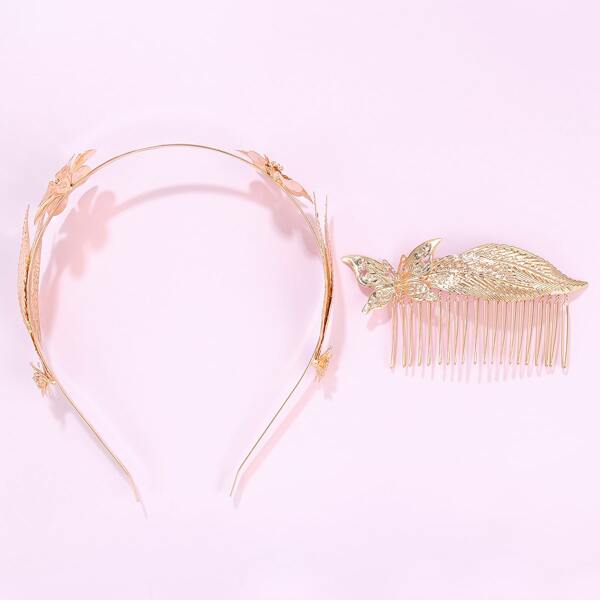 

2pcs Leaf Decor Hair Hoop & Hair Comb, Gold