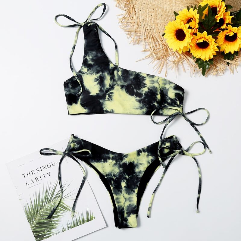 

Tie Dye One Shoulder Tie Side Bikini Swimsuit, Multicolor