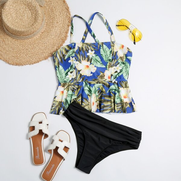 

Tropical Ruffle Hem Bikini Swimsuit, Multicolor