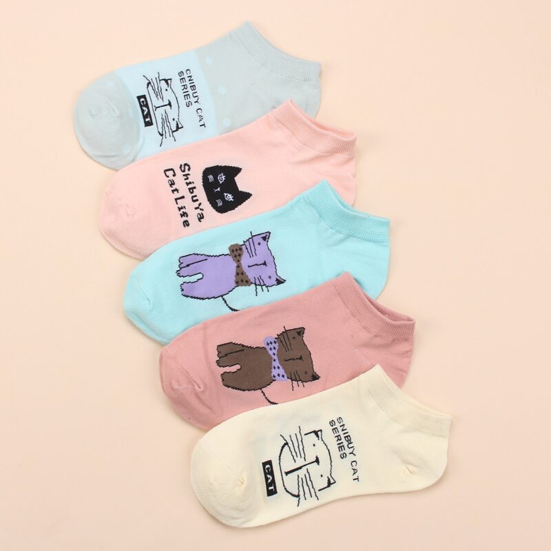 

5pairs Cartoon Cat Embroidered Socks, Multicolor