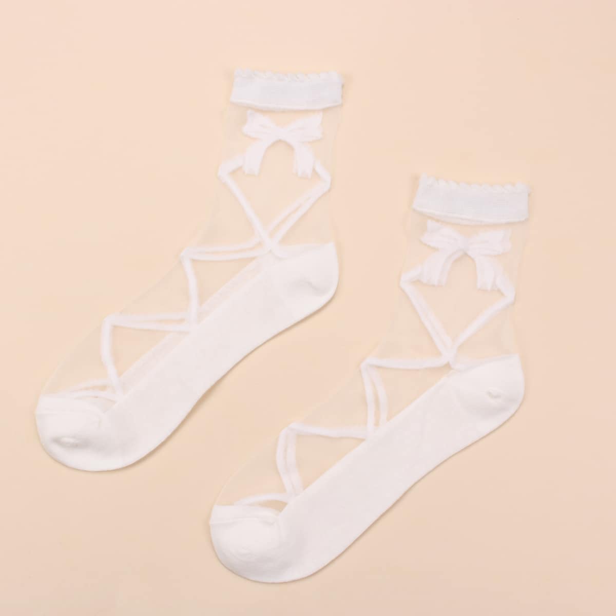 

Bow Embroidered Mesh Socks, White