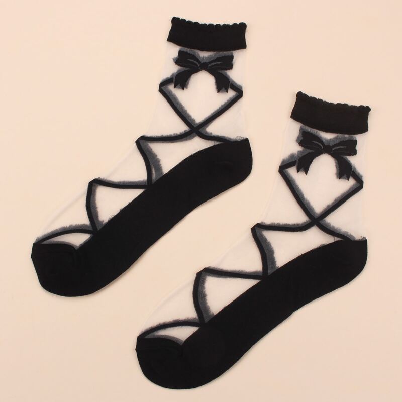 

Bow Embroidered Mesh Socks, Black